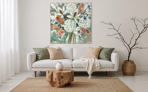 Fragrant magnolia and petite wrens  - Original on Belgian linen 90x90cm