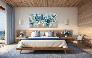 Blue Wrens and cherry blossom -Original on Belgian linen  75x150 Cm