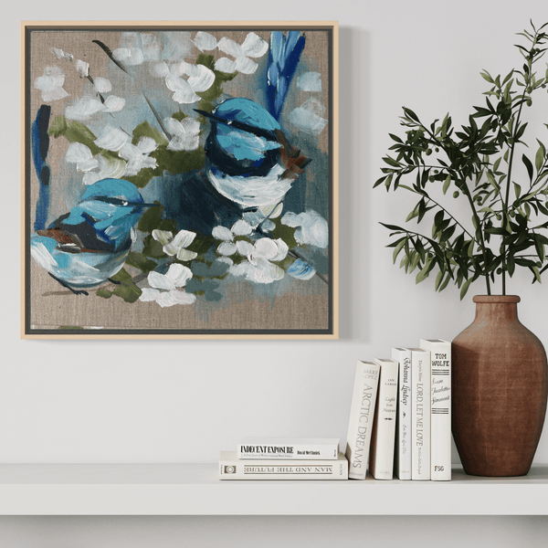 Blue wrens and blossoms 2 -original on Belgian linen 30x30 cm