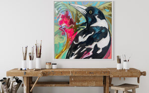 Tropical magpie - 60x60 cm - original on Belgian linen