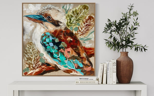 Kookaburra and banksia -60x60 cm - original on Belgian linen
