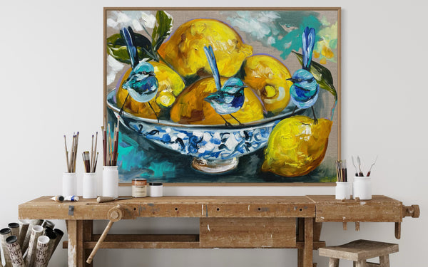 Lemon delight and blue wrens  -Original on Belgian linen 75x100  Cm