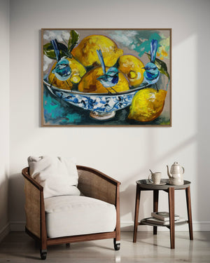 Lemon delight and blue wrens  -Original on Belgian linen 75x100  Cm