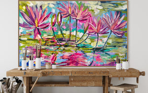 Magenta waterlily - original on gallery canvas 90x150  cm