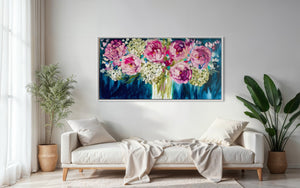Moonlit peony and hydrangea -Original on gallery canvas 75x150 cm