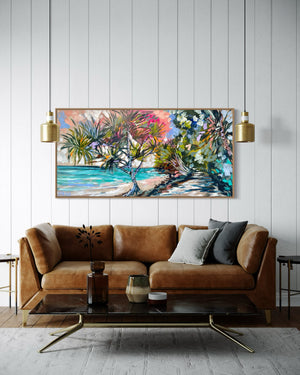 Early morning walk - laguna bay - noosa -Original on Belgian linen  75x150 Cm