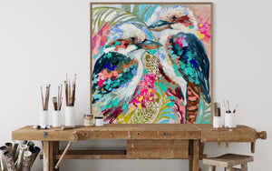 Tropical kookaburra and banksia -original on Belgian linen   - 90x90 Cm