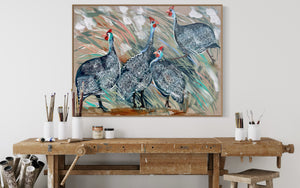 Guinea’s on the run -Original on Belgian linen 75x100 cm