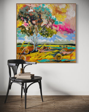 Golden hay bales and shady gum - original on gallery canvas  - 90x90 Cm