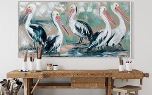 Noosa Holiday Pelicans  -  Original on Belgian linen  75x150 Cm