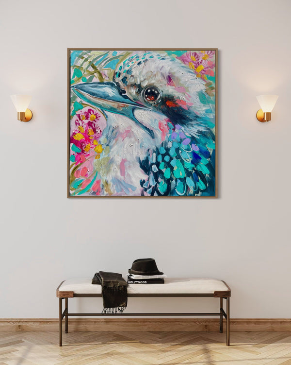 Kookaburra call - original on Belgian linen   - 90x90 Cm