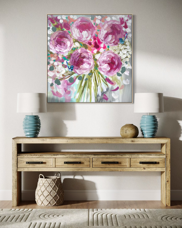 Blush peony and Hydrangea -original on Belgian linen -76 x76 Cm
