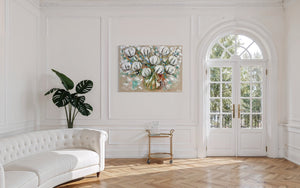 Australian cotton blooms , wheat and Willy wagtails -Original on gallery canvas  90x120 cm
