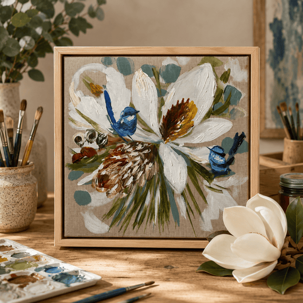 Magnolia,banksia and wrens 2-original on Belgian linen - 30x30 cm