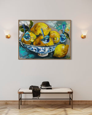 Lemon delight and blue wrens  -Original on Belgian linen 75x100  Cm