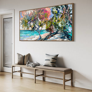 Early morning walk - laguna bay - noosa -Original on Belgian linen  75x150 Cm