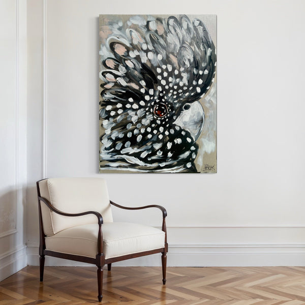 Carlos - Australian black cockatoo - original on belgian linen - 75 x100 Cm