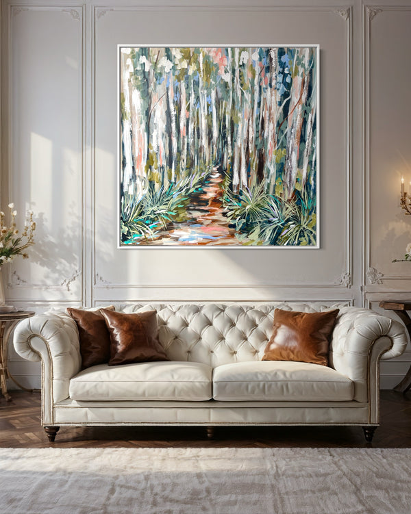 Shaded misty gum trail-Original on Belgian linen 120x120 Cm