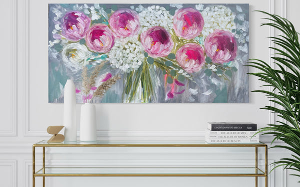 Romance  peony and hydrangea -Original on gallery canvas 75x150 cm