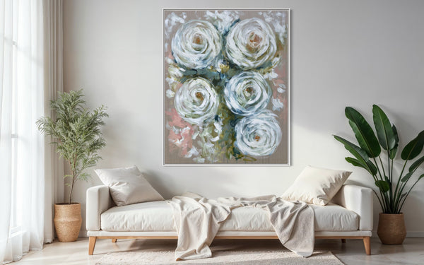 Cascading white Rosa -Original on Belgian linen  120x150  Cm