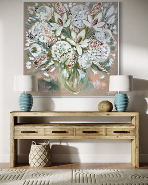 Elegant white blooms and banksia -Original on Belgian linen 120x120 cm