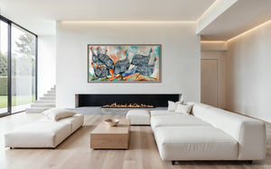 Guinea fowl gathering -Original on gallery canvas  75x150 cm