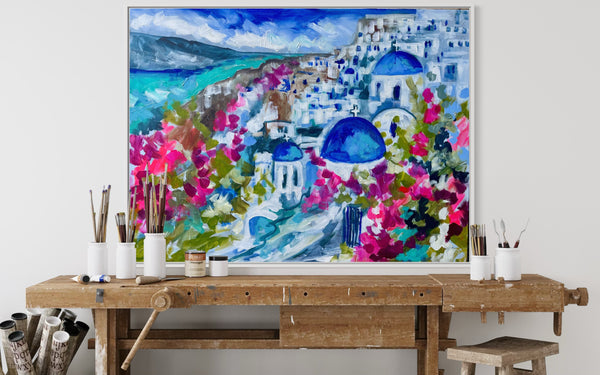 Azure Greek Islands- original on Belgian linen  - 75x100 Cm