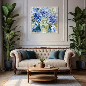 Powder blue Hydrangea- 76x76 cm - original on Belgian linen - lay by welcome