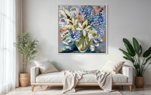 Grand Magnolia and hydrangea -original on Belgian linen   - 90x90 Cm