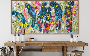 Black cockatoos and banksia -Original on Belgian linen  75x150 Cm
