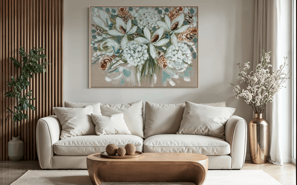Elegant magnolia and banksia -Original on Belgian linen 75 x100 Cm