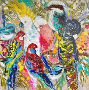 Bird life Australia - Original on Belgian linen - 120x120 Cm