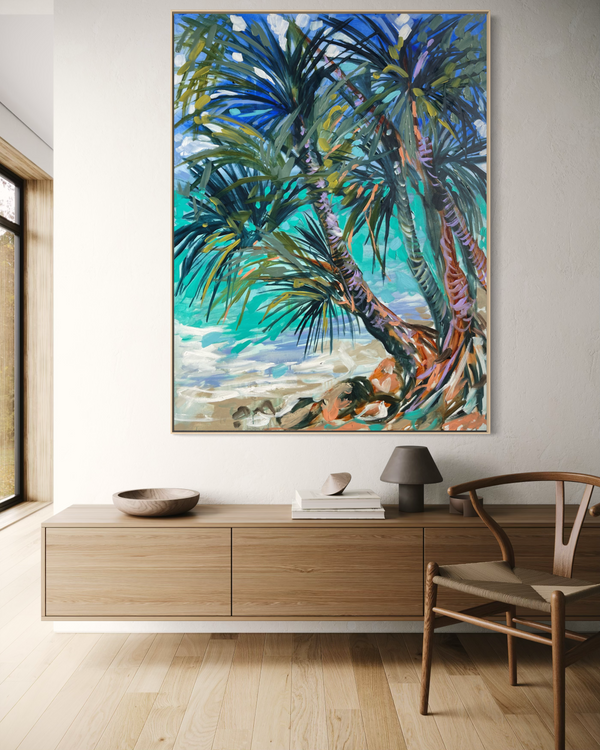 Pandanus on the bay -Original on Belgian linen  90x120 cm