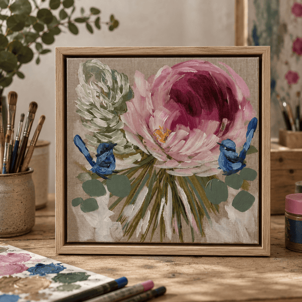 Blush Peony 2 -original on Belgian linen 30x30 cm