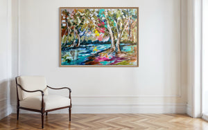 Dappled light and river gums -Original on Belgian linen  90x120  Cm