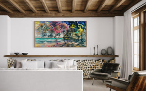Early morning walk - laguna bay - noosa -Original on Belgian linen  75x150 Cm