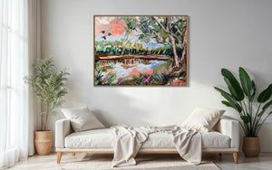 Black cockatoos at the billabong-original on belgian linen - 75x100 Cm