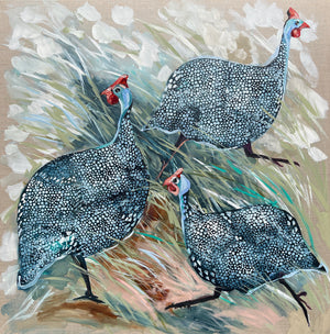 Guinea’s in the grass- Original on Belgian linen 90x90cm