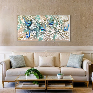 Serene wrens and cherry blossoms -Original on Belgian linen  75x150 Cm