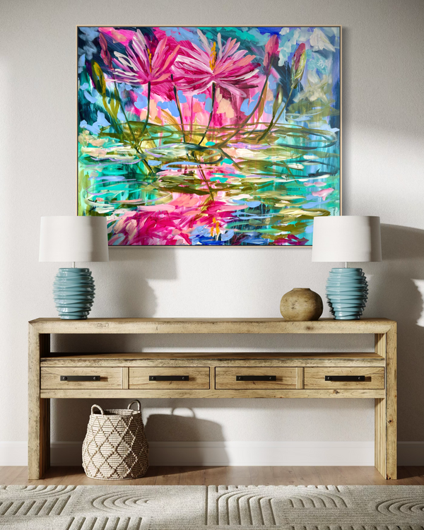 Magenta water garden -original on gallery canvas 100x120 Cm