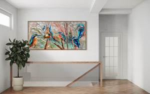 Kingfishers and native bulrushes -Original on Belgian linen  75x150 Cm