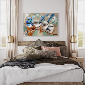 My home , my heart - fairy wren family - 60x90cm - original on Belgian linen