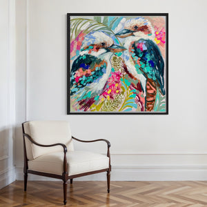 Tropical kookaburra and banksia -original on Belgian linen   - 90x90 Cm