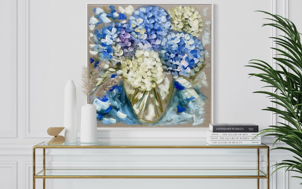 Powder blue Hydrangea- 76x76 cm - original on Belgian linen
