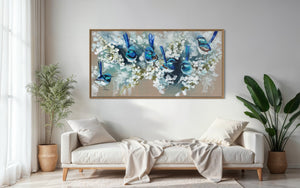 Blue Wrens and cherry blossom -Original on Belgian linen  75x150 Cm