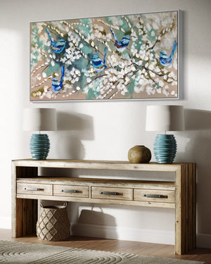 Serene wrens and cherry blossoms -Original on Belgian linen  75x150 Cm