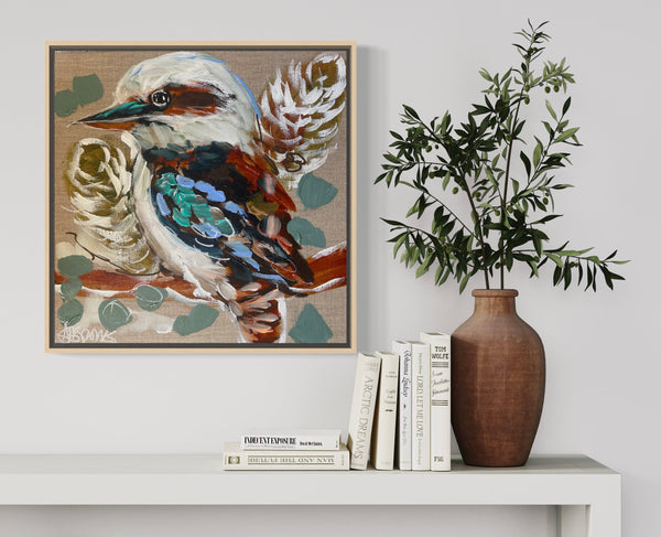 Kookaburra 5-original on Belgian linen 30x30 cm