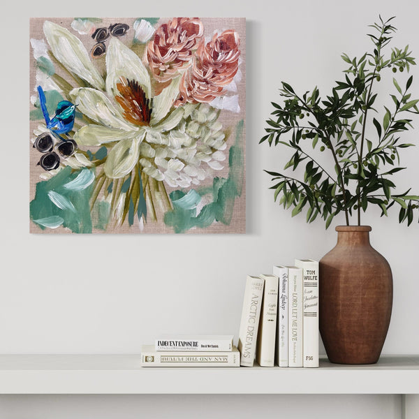 Magnolia and wren 1-original on Belgian linen - 30x30 cm