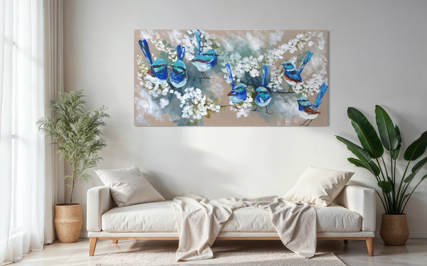 Blue Wrens and cherry blossom -Original on Belgian linen  75x150 Cm