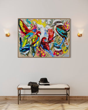 Australian birds of paradise -Original on Belgian linen  90x120  Cm